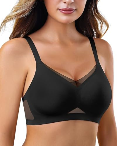 As Fairy Wireless Non-Wired Bra for Women Seamless Push Up with Soft Support Lace V-Neck Mesh Criss-Cross Back Everyday Lounge Yoga Use (Black+Nude,XXL)