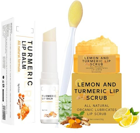 Kurkuma-Lippenbalsam und Lippenpeeling für dunkle Lippen zum Aufhellen mit Pinsel-Set, 3-teiliges Lippenpeeling für Lippenpeeling, Erweichung und Hydratation, hellt Linien und Farbe auf