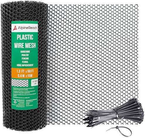AlpineReach Rollo de valla de malla de alambre de plástico de 1.3 x 50 pies con bridas - ideal para aves de corral, perros, barrera de conejo y jardinería, malla de pollo duradera, valla y red rígida
