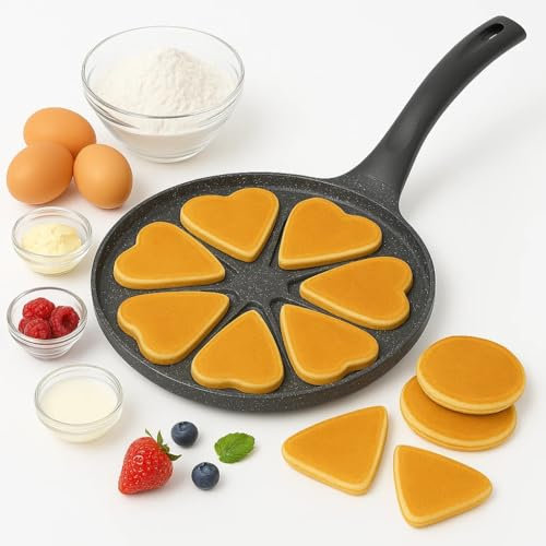 BAKAJI Poêle pour mini crêpe 6 places en forme de coeur, antiadhésive pour petit-déjeuner, brunch, désert, plaque 26 cm, idéale pour cuisson, gaz, électrique, vitrocéramique, halogène, induction