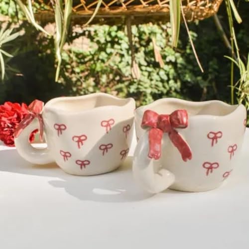 Handmade Polka Dot Coffee & Tea Cup | Unique Gift for Birthday, Valentine & Anniversary |3D Rose Ceramic Mug |240ML | Microwave Safe (Bow2)