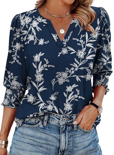 XIEERDUO Tops for Women 3/4 Length Sleeve Ladies Blouses V Neck T Shirts Puff Sleeve Tunic Curved Hem Office Wear Size 14-16 Navy White Floral