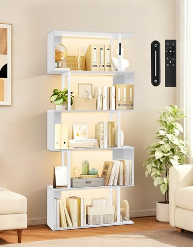 OUTONLIFE S-förmiges Bücherregal mit Licht, 5 Ebenen, Touch- und Fernbedienung, Freistehendes Regal zur Anzeige, Industrie-Speicherlösung für Wohnzimmer, Schlafzimmer, Büro (70 × 24 × 157 cm)