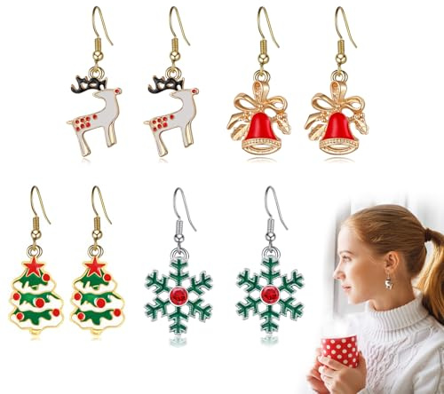DHWEKU 4 Paar Weihnachtsohrringe Set – Elegante Baumeln Ohrringe mit Glöckchen, Rentier, Schneeflocken & Buntem Weihnachtsbaum, Perfektes Festtagsgeschenk für Frauen, Freundin & Familie