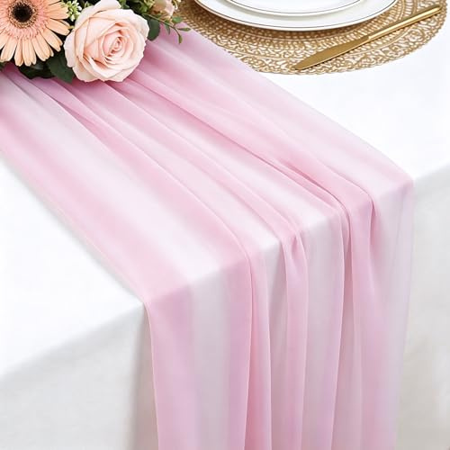 Tischläufer Rosa Chiffon, 77 X 300 cm Weich und Bequem Tischläufer für Boho Hochzeit, Party, Taufe Dekor, Babyparty, Brautparty Küche Tisch Dekoration