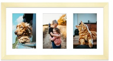 Gold Multi Photo Frame - Holds 3 x 6x4 Pictures, Family Collage Picture Frame for Wall Display, 8x16 Panoramic Frame Size, Pack of 1