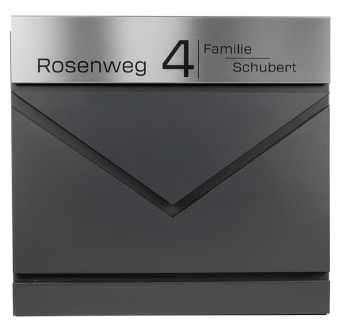 Grafner Premium Briefkasten personalisiert, RAL7016 mit Zeitungsfach und 2 Schlüssel, moderner Postkasten mit Name Straße Hausnummer, anthrazitgrau Wandbriefkasten graviert, mit Montagematerial
