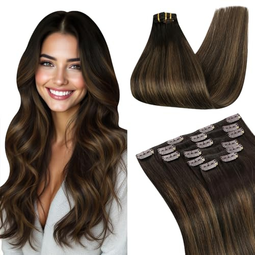 Ugeat Balayage Clip in Hair Extensions Human Hair, 20 Inch Balayage Dark Brown Hair Extensions Clip in Human Hair Ombre Medium Brown Easy Application 7pcs 120g #2/6/2