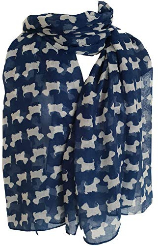 GlamLondon Scottie Hunde-Schal, Westie-Dog-Rasse, West Highland Scottish Terrier, Damen-Wickeltuch, Sarong, Blau / Marineblau, 42