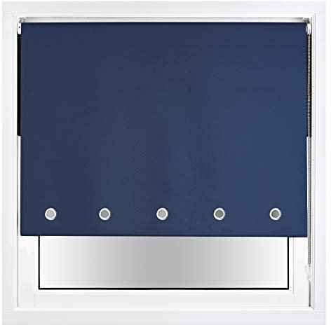 FURNISHED Blackout Roller Blind with Round Eyelets & Metal Fittings Trimmable - Navy Blue, 180W x 165H cm