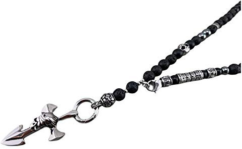 Halskette Y-Kette Rosenkranz Black Lavaperlen, Lavasteine Onyx, Schmuck für Herren, schwarz mit Anhänger, Perlenkette Totenkopf Skull Kreuz K97