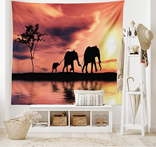 ABAKUHAUS Afrika Wandteppich, Safari Wilde Tiere, Wohnzimmer Schlafzimmer Heim Seidiges Satin Wandteppich, 200 x 150 cm, Dunkle Koralle Siegel Braun Gelb