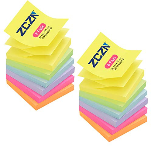 ZCZN Pop-up Sticky Notes 76 x 76 mm, 12 Pads, Assorted Colours | Concertina Z-Fold Self-Stick Notes, 100 Sheets/Pad, in Yellow, Light Green, Light Blue, Light Purple, Rose Red, Orange