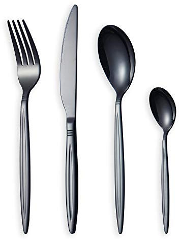 HOMQUEN Set di Posate Nere da 24 Pezzi, Acciaio Inossidabile e Titanio Nero, Set di Servizio per 6 (Nero Lucido)