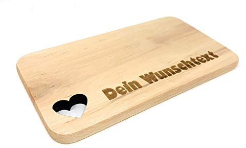 Laser Tattoo Frühstücksbrettchen aus Massivholz Erle mit Herzausschnitt und Gravur (Wunschgravur) 22x12 cm