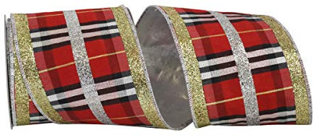 Reliant Ribbon 93444W-001-10D Nutcracker Plaid Dupione Deluxe Glitter Tri-stripes Wired Ed Ribbon, 4 Inch X 5 Yards, Multi