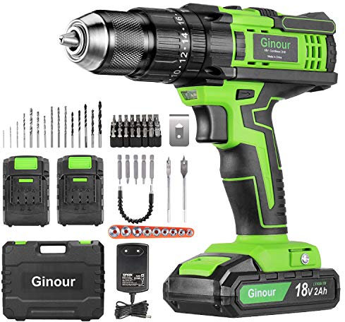 Cordless Drill Driver, Ginour 18V Combi Hammer Drill 20+3 Torque, 66 Accessories, 2Pcs 1500mAh Lithium Batteries, 45N.m Max. 13mm Collet, Double Speed, Led Light
