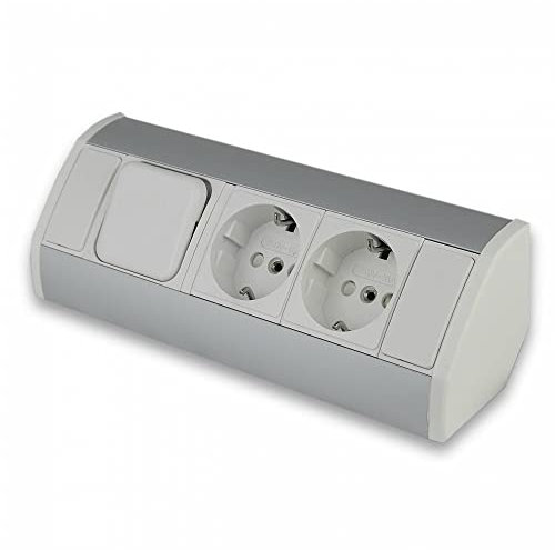 Möbel-Steckdose weiß mit Lichtschalter ideal für Küche und Büro - vertikale & horizontale Montage - 3-fach Ecksteckdose aus Aluminium und Kunststoff Steckdosenleiste Einbausteckdose Küchensteckdose