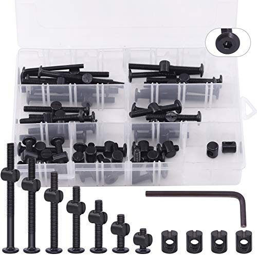 Keadic Juego de tornillos de repuesto para cama de bebé, 85 unidades, M6, 15, 25, 35, 45, 55, 65 y 75 mm, cabeza hexagonal, 1 llave hexagonal gratis, acero negro de alta velocidad