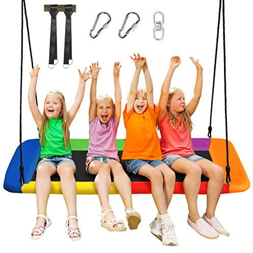 DREAMADE Balançoire Nid d’Oiseau Rectangulaire pour Enfants, Chaise Suspendue avec Siège Spacieux 150X80CM et Hauteur Réglable 100-180CM, Charge Max300KG, pour Jardin, Camping, Balcon (Multicolore)