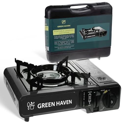 GREEN HAVEN Portable Camping Stove with Cary Case - Premium Camping Gas Stove, EN417 Compliant, Portable Gas Stove with Automatic Ignition & Heat Control, Black
