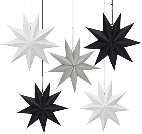N/S 5 Stück Papier Stern Dekoration, Papiersterne Weihnachten, Sterne Papier zum Fenster Dekoration, für Weihnachtsdekoration, Fensterdekoration, Advent, DIY (Weiß, Schwarz, Grau)