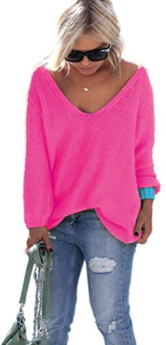 Mikos* Pull pour Femme Printemps | Sweat d'été Oversize | Chaud Col en V Manches Longues Pull en Tricot Décontracté | Manteau Hoodie Mince Haut Pull Surdimensionné S M 36 38 (617) (Néon Rose)