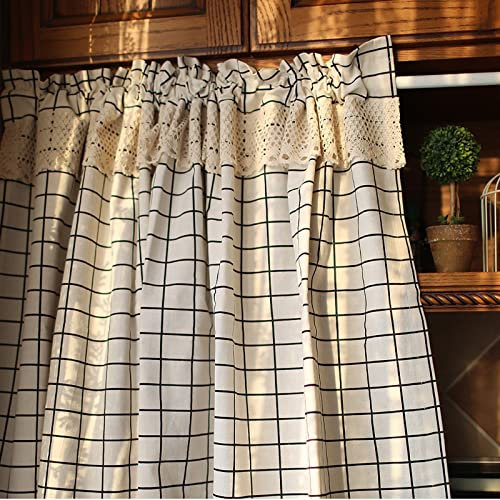 A.Monamour Cortina Cocina Ventana Puerta Corta Pequeña Farmhouse Algodón Lino Encaje Negro Blanco A Cuadros Buffalo Opaco Bolsillo para Varilla Panel Cenefa Rustica Bistro para Dormitorio Café Baño