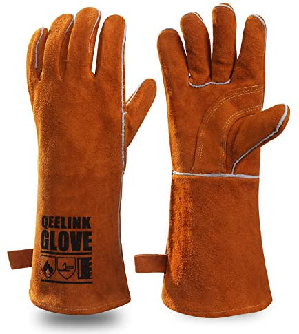 QeeLink Welding Gloves - Heat & Wear Resistant Lined Leather and Fireproof Stitching - For Welders/Fireplace/BBQ/Gardening (Brown, Extra Long (16-Inch))