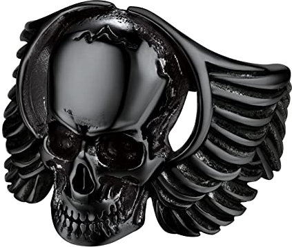 Bandmax Herren Jungen Geflügelter Totenkopf Ring Schwarzer Ring Schädel Bandring Gothic Siegelring mit Flügeln Fingerring aus Edelstahl Größe 64 Modeschmuck für Weihnachten Halloween