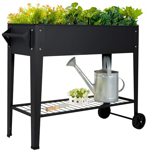 LEETOLLA Elevate Hochbeet für den Außenbereich, 81,3 cm hoch, mit Rollen und Regal für Mobilität, 180 kg Kapazität, rostfreier Stahl-Pflanzkasten für Gemüse/Kräuter, Terrasse, Balkon, Hinterhof