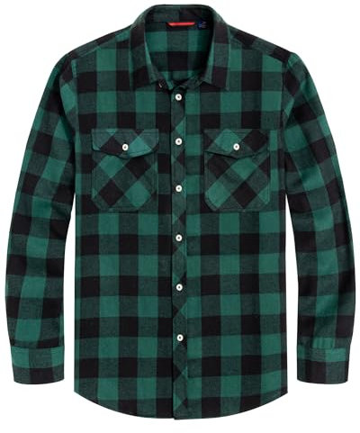 J.VER Men's Long Sleeve Casual Plaid Flannel Shirt Green Chequered Shirt Tartan Button Down Work Farm Lumberjack Shirts 2XL
