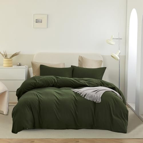 Pureant Dunkelgrünes Bettdecken-Set für Queen-Size-Betten, dunkles Olivgrün, solide, Armee-Schmusetuch für Damen und Herren, Jäger-Königengröße, weich, minimalistisch, militärische grüne Bettwäsche,