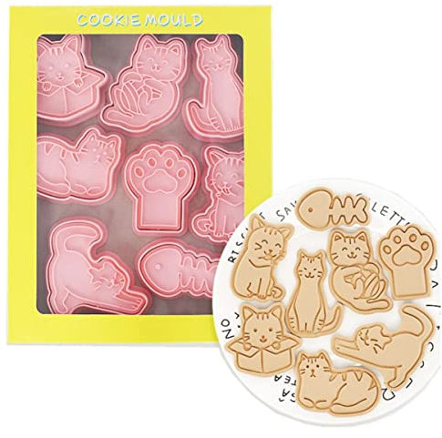 Cortador de galletas de gato, sellos de galletas de gatito de dibujos animados para hornear galletas, 8 unidades, sellos de plástico para galletas, prensa de moldes de galletas, juego de moldes de