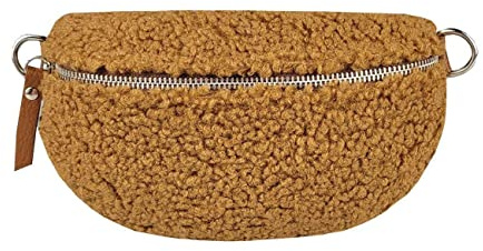 Made in Italy Damen Leder Gürteltasche Crossbody Teddyfell Bauchtasche Hüfttasche Kunstfell Umhängetasche Brusttasche Crossover Bodybag Schultertasche Handytasche Teddy Pelz Fell Plüsch Cognac