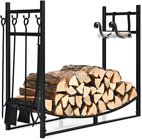 COSTWAY Support à Bois de Chauffage en Fer Forgé, Porte-Bûches avec Capacité de Charge de 50 kg, pour Poêle, Brasero, Intérieur et Extérieur (36 avec 4 Ustensiles)