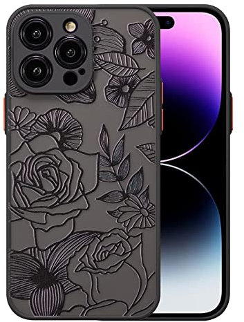 XIZYO Case for iPhone 13 Pro, Frosted Translucent Rose Floral Flower Pattern Shockproof Cover, Soft TPU Bumper Protective Phone Case, Black