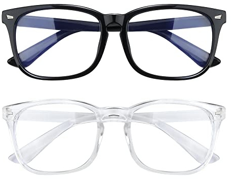 AFNWQI Blue Light Glasses for Women Men, 2 Pack, Bluelight Eyeglasses, Fashion Square Frame Blue Light Blocking Glasses, Black Clear Glasses, Computer & Gaming Glasses for Anti Screen Fatigue