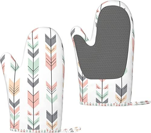 Ofenhandschuhe Befiederung Pfeile Rosa Grau Mint Pfirsich Silikon Ofenhandschuhe rutschfeste Kochhandschuhe, Hitzebeständige Backhandschuhe EIN Paar