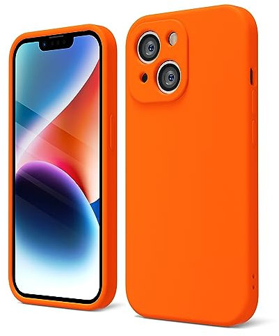 oakxco for iPhone 14 Phone Case Liquid Silicone, Fluorescent Bright Solid Color, Cute Thin Slim Soft Rubber TPU Plain Smooth Gel Matte Protective Cover for Women Girl, Burnt Neon Orange