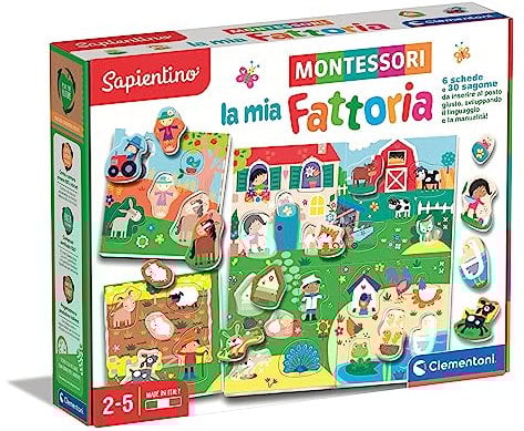 Clementoni - Sapientino Lernspiel 2 Jahre, Flashcards Montessori, Konturiertes Puzzle, Bauernhoftiere, Made in Italy, Farbe Italiano, 16787