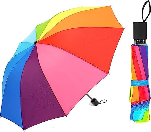 SKDFHOD Paraguas arcoíris plegable robusto y compacto paraguas plegable de fibra de vidrio, apertura y cierre automático, pequeño y colorido, 10 colores, multicolor, L