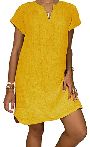 AMDOLE Robe de cocktail grande taille pour femme - Robe d'été décontractée - Décontractée - Coupe ample - Col en V - Manches courtes - Robe droite simple pour femme - Grande taille, jaune, XXL