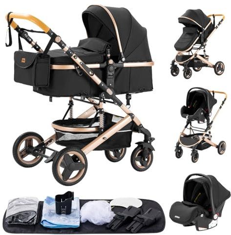 YAZOCO Poussette 3 en 1 Tout Terrain 0 à 4 Ans, Poussette Bébé Pliable, Compacte et Inclinable, Moustiquaire,Couvre - Pieds, Porte - Gobelet à Eau