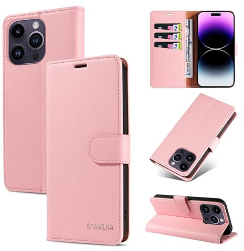 STAWLKA Case for iPhone 14 Pro, Premium PU Leather Flip Magnetic Buckle Wallet Case Kickstand Blocking RFID Shockproof Protective Phone Cover for iPhone 14 Pro - Pink