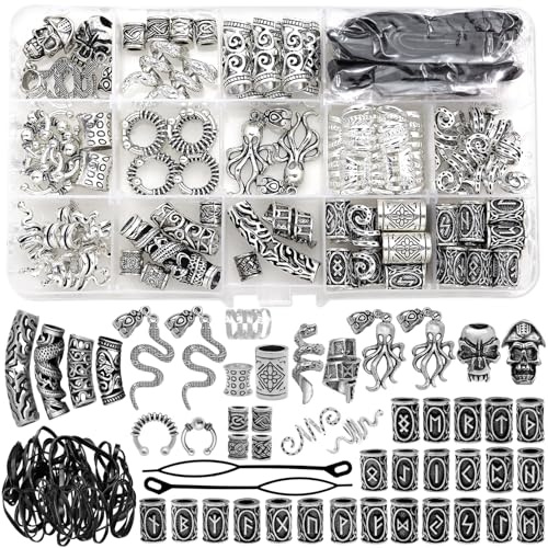 Fscwlmon Lot de 207 perles tubes de runes nordiques viking pour tresses, dreadlocks, barbe, clips en métal, anneaux de manchette, tressage de barbe, bracelets, pendentifs, colliers à faire soi-même