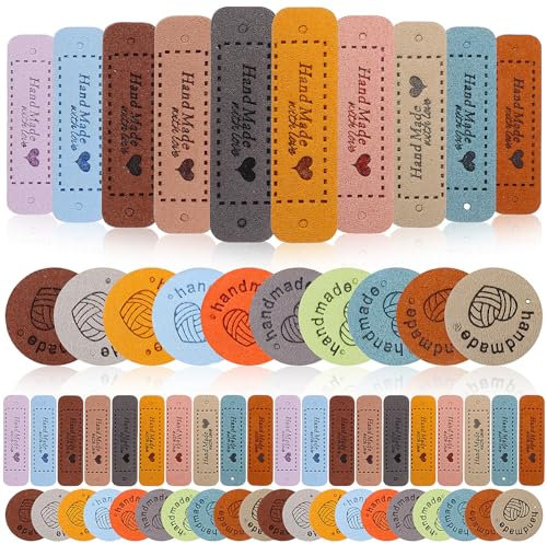 VILLCASE 60 Stück Handmade Label zum Annähen, 10 Farben Runde und Rechteckige Handmade Label, Mikrofaser Geprägte Etiketten mit Löchern, Handgefertigte Lederetiketten für Nähen, Häkeln, Verzierung