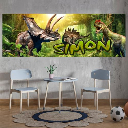 tjapalo® vz87 Kinderbilder Dino Bild Dinosaurier Wandbild Dinosaurier Poster mit Namen personalisiert Kinderzimmer Bilder jungs dino bilder kinderzimmer jungen Name, Größen Name: B58xH20cm