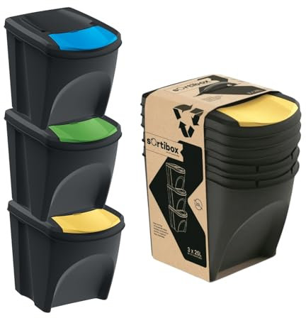 Sorting Waste Bin Set Recycling Segregation Stackable Lidded 3 Colours Black Grey Ashen Flap Lid 20L 25L 35L (Black, 3pcs x 25 Litre)