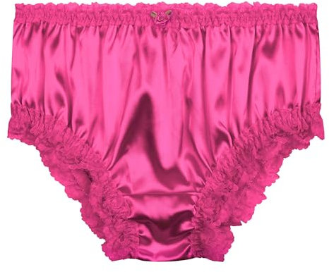 Satini Satin Dentelle froufroutante efféminé Shorty Slips Culottes sous-vêtements (Rose Vif, M)